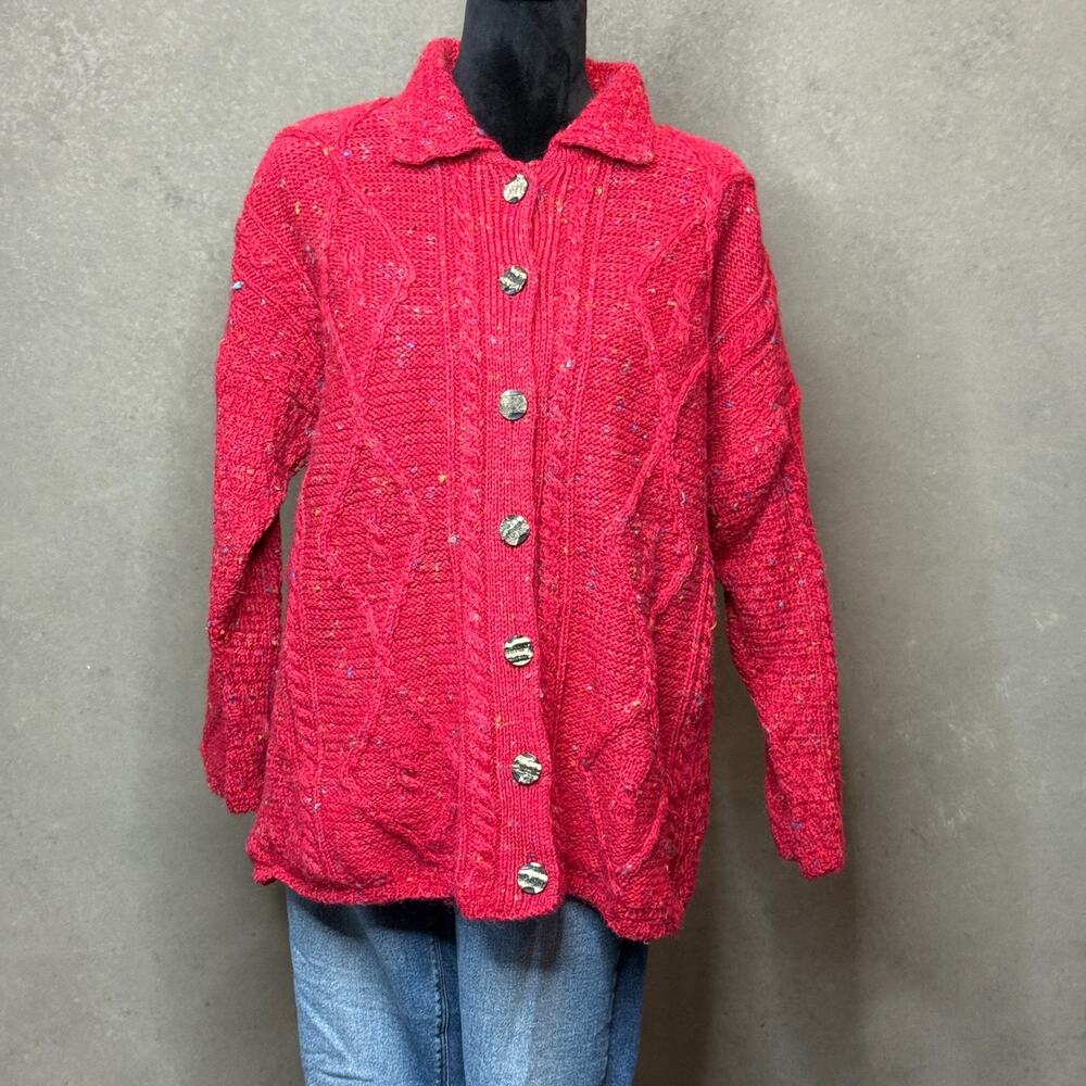 Vintage Carraig Donn Aran Cable Knit Cardigan Red Fleck Wool Made in Ireland